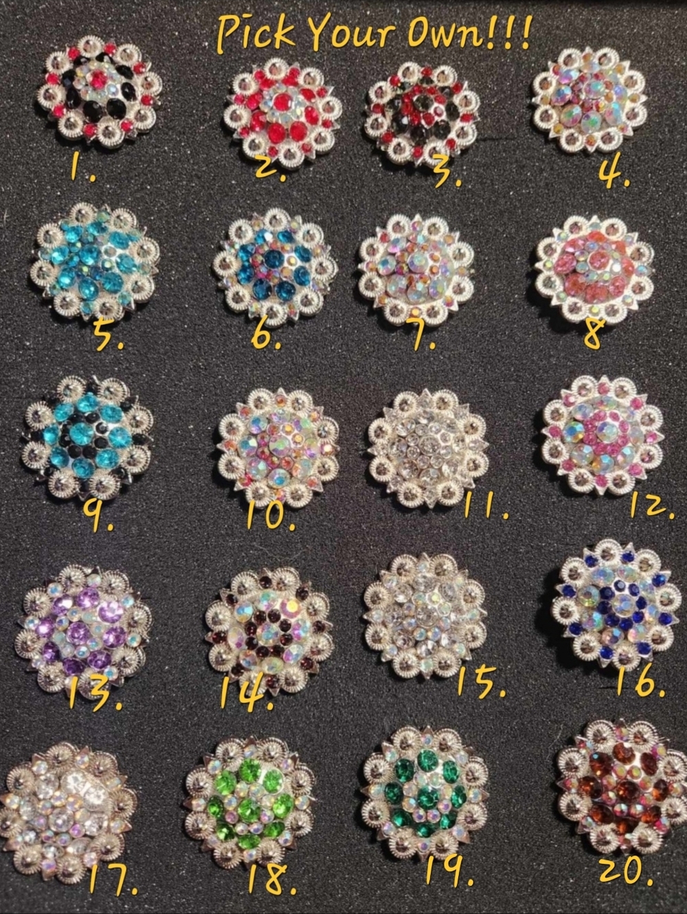 SCARF SLIDES-CLEAR, AB, 💥GREAT COLORS💥 RHINESTONE CONCHO ATTACHED-IN BOX